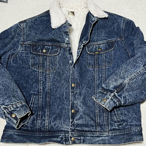 VINTAGE Lee Jacket Mens L Dark Acid Wash Sherpa Lined Trucker Denim Made In USA - Picture 1 of 8